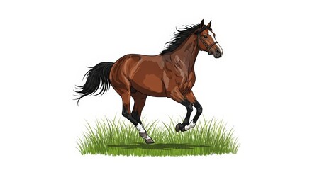 Obraz premium A majestic brown horse with a flowing mane gallops through lush green grass, captured in a dynamic illustration.