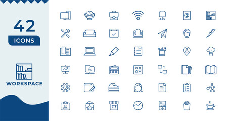 Office workspace thin web icon set, Contains icons related to Office work, worker, office items, equipment, tools, stationery and more.
