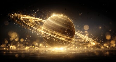 Golden Planet with Rings in Space.