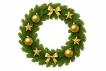 Christmas wreath with golden bows, stars, and baubles on transparent background, holiday season decoration