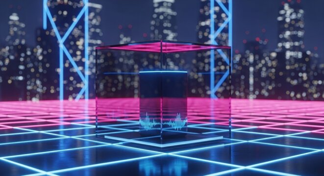 Futuristic glass cube with neon lights on digital grid and city skyline