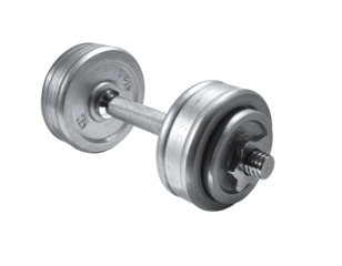 A chrome dumbbell with threaded ends and weight plates, angled slightly, set against a black background