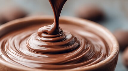 Close-up of smooth, rich melted dark chocolate pouring and creating luscious ripples in a bowl on a dark background.