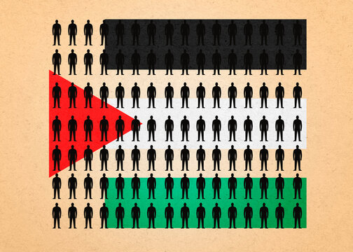 Illustrated Palestine flag made of silhouettes representing a crowd