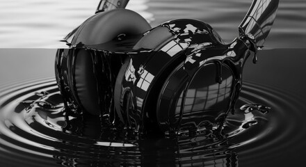 Obraz premium Black headphones dripping with liquid, modern music and sound concept