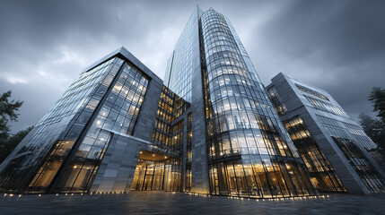 Fototapeta premium Contemporary office tower with glass facade and structured lines under cloudy sky, illuminated interior lights create dynamic and professional atmosphere at dusk