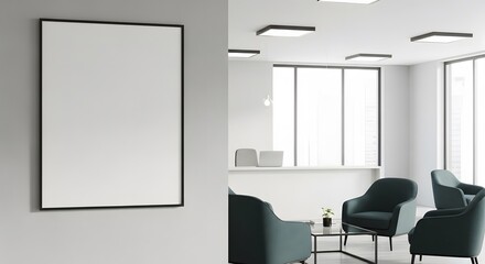 background, Modern office interior with blank poster mockup on wall and seating area with city view and reception desk in daylight, 3D Rendering.3D Rendering, 
