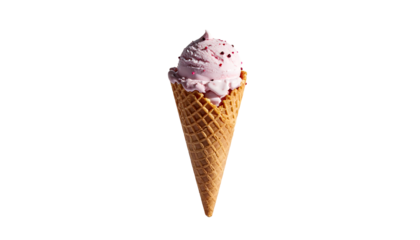 Single scoop of pink ice cream with red sprinkles in a waffle cone, isolated on black