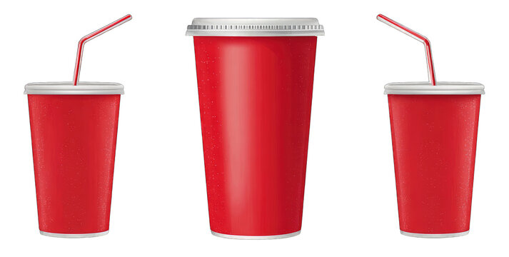 Three red disposable cups with lids and straws