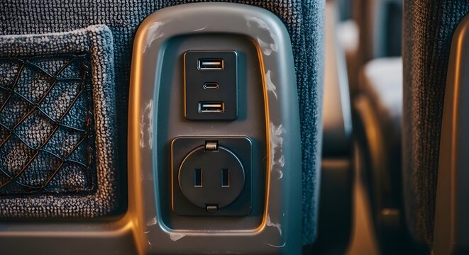 Close-up view of a seat-mounted power outlet panel with USB ports and an electrical socket.