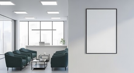 Modern office interior with blank poster mockup on wall and seating area with city view and reception desk in daylight, 3D Rendering. wallpaper