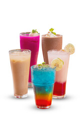 fresh fruit cocktail, fruit juice, milk shake, tropical drink in one shot. Isolated from white background. Perfect for menu, catalogue or commercial use