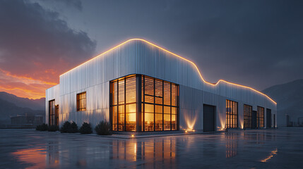 Obraz premium Modern steel warehouse office building with large glass windows glowing warmly at sunset, reflecting on wet pavement under dramatic cloudy sky