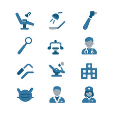 Flat vector doctor hospital icon set collection with stethoscope, patient, hospital building, medical cross, and examination symbols for healthcare and service.  
