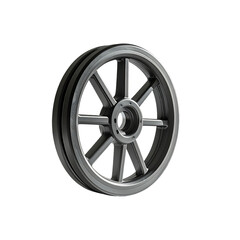 Obraz premium A grey, metallic wheel with eight spokes, a central hub, and a thick rim, rendered in 3D