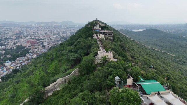 Aerial Drone View of Shri Manshapurna Karni Mata Temple, Udaipur, Rajasthan, India
