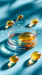 Petri dish filled with golden liquid and water droplets against a blue background