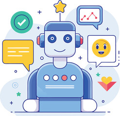 Artificial Intelligence Chatbot Collecting Customer Feedback &ndash; Flat Vector Illustration for Survey, Review, and User Experience Concept