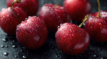 directional. An extreme closeup of a ripe cherry showing detailed texture and dewdrops on a dark background. menu design.