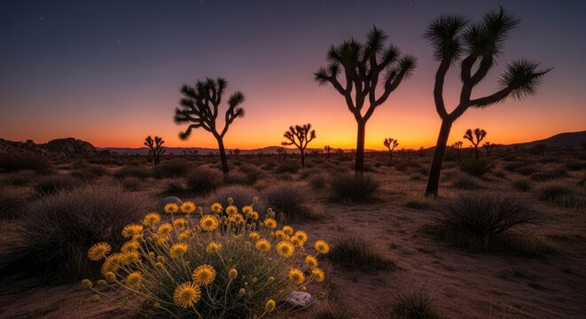 Desert landscape at twilight with silhouetted trees vibrant sunset colors and bright yellow wildflowers in the foreground - Powered by Adobe