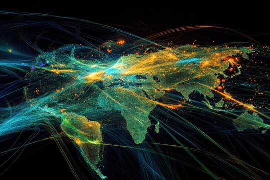 Futuristic glowing world map connections artwork