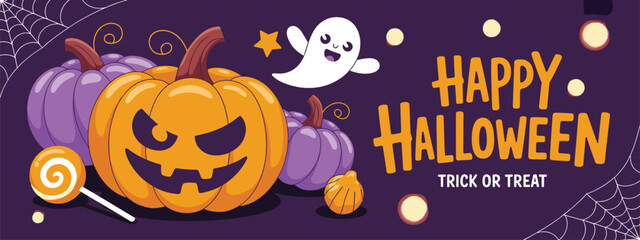 Halloween illustration with glowing pumpkin ghost purple pumpkins spider webs lollipop dark background, festive spooky design, trick or treat vector