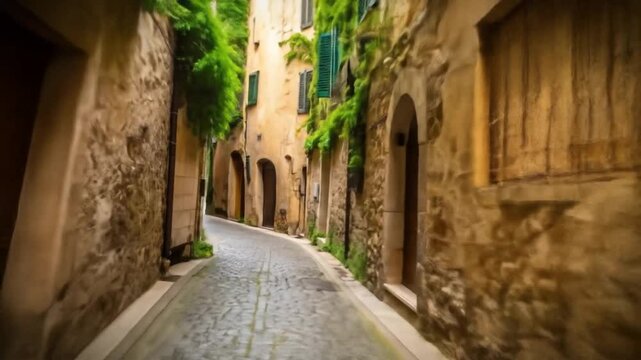 Narrow Cobblestone Street in Old Town with Stone Buildings and Lush Green Vines Walls and Closed Wood Shutters and Doors Sunny Day