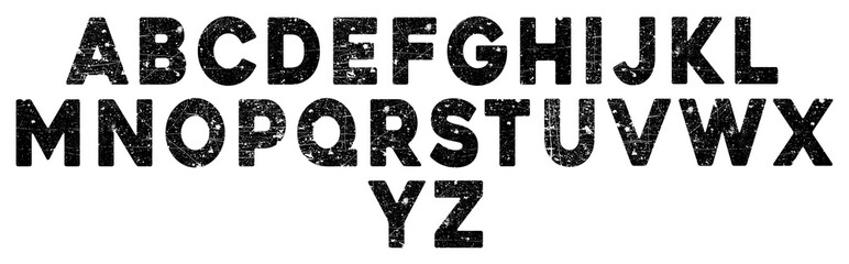 Alphabet letters a to z displayed in a distressed, grungestyle font, isolated on a transparent background