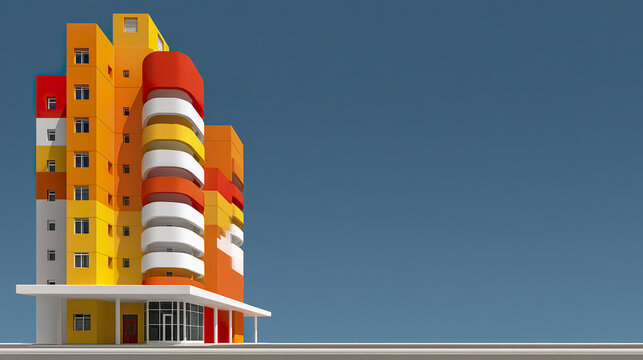 Colorful modern apartment building with bright orange, yellow, and red facade under clear blue sky, featuring curved balconies and multiple windows in urban setting - Powered by Adobe