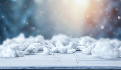 Winter landscape with fresh white snow and copy space for product placement or text. Blurred ...
