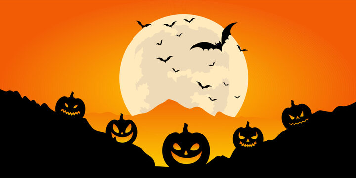 Halloween banner with moonlit landscape and Jack O Lanterns 