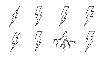 Collection of hand drawn lightning bolt icons and root system symbol for energy and power concepts silhouette