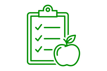 Green checklist clipboard and apple icon for healthy eating and goal setting isolated on transparent background