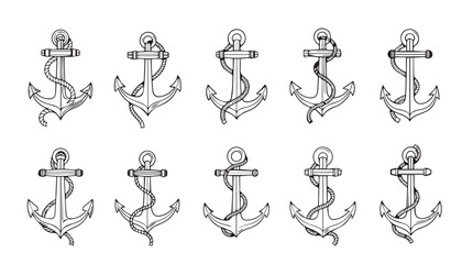 Collection of ten vintage nautical anchor designs with rope details hand drawn sketch style silhouette