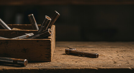 Vintage woodworking tools in wooden box on workshop table  