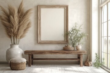 A rustic, neutral-toned interior scene featuring a wooden bench, pampas grass, and potted plants, creating a serene and inviting ambiance.