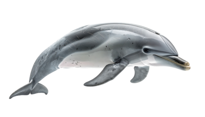 A sleek, gray dolphin, subtly mottled, swims gracefully, its light underbelly contrasting with darker back and flanks