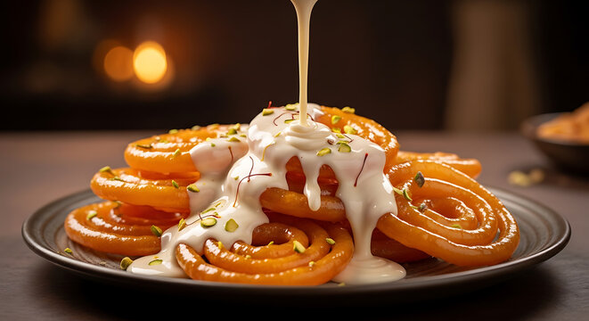 Indulge in the sweet, sticky delight of golden jalebi drizzled generously with creamy white rabri and sprinkled with vibrant pistachios and saffron threads, a truly irresistible dessert experience.