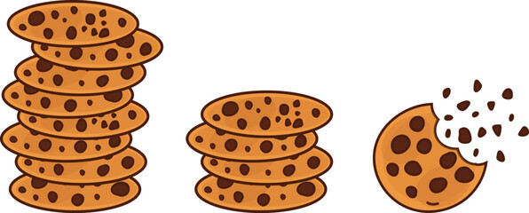 Set Delicious chocolate chip cookie with a bite,  isolated on white background, vector illustration
