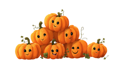 Group of smiling cartoon pumpkins arranged together, playful Halloween clipart, isolated on transparent background 