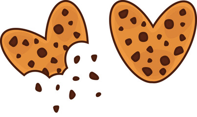 Delicious heart-shaped chocolate chip cookie isolated on white background, vector illustration