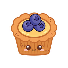 Cute blueberry tart with smiling face, kawaii dessert isolated on transparent background, vector illustration