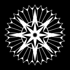 Obraz premium Eight Point Octagonal Star Flower Vector With White Outline And Solid Fill On Black Background, Geometric Floral Emblem In Minimal Decorative Style For Symbolic Design And Artworks