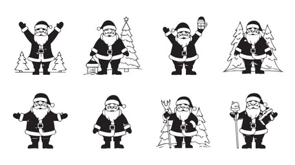 Collection of adorable cartoon santas spreading holiday cheer in festive outfits silhouette