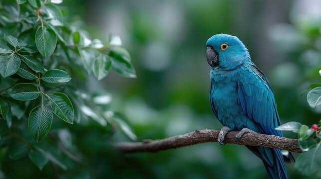 Striking CloseUp of a Blue Parrot Perched on Branch with Lush Green Leaves and Bokeh Background in Bright Daylight