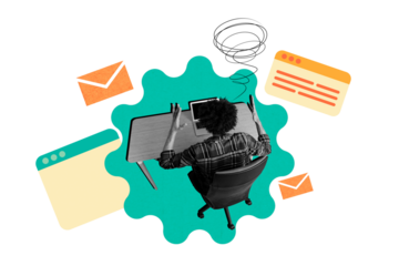 Composite photo collage of anonym man freelancer sit laptop receive message pressure workload app icon tab isolated on painted background