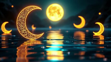 Gleaming crescent moons and a radiant sun reflected on dark water - Powered by Adobe