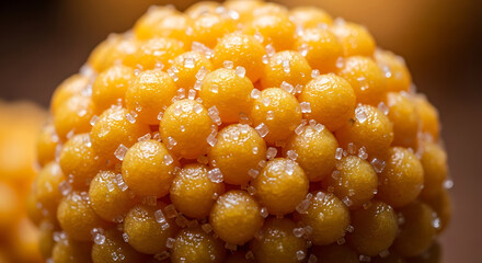 Delicious golden laddoo balls glistening with sugar crystals, a perfect close-up of traditional Indian sweet for celebrations and festive occasions