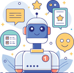 Artificial Intelligence Chatbot Collecting Customer Feedback &ndash; Flat Vector Illustration for Survey, Review, and User Experience Concept