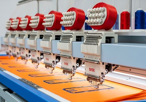 Automated embroidery machines stitching patterns on textile in a factory setting